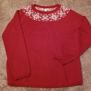 GH Bass dark red sweater w white snowflakes